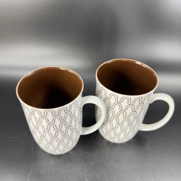 1970s FITZ & FLOYD FISHNET COFFEE MUG CUP BROWN WHITE HANDLED MUG SET 2 Pcs - Picture 9 of 13